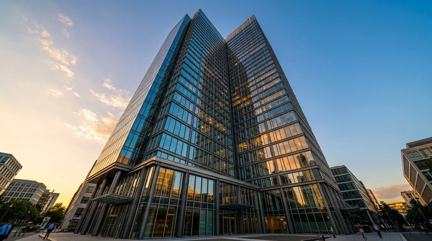 Modernes Glas-Bürobäude im Frankfurter Stil bei Sonnenuntergang
