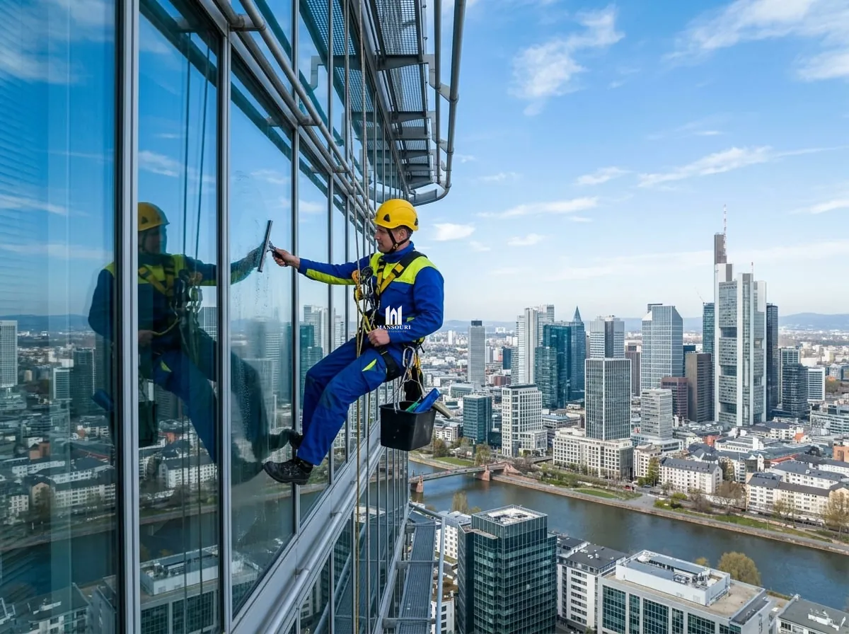 Mitarbeiter von Clean Expert 24 bei der Glasfassadenreinigung an einem Frankfurter Hochhaus