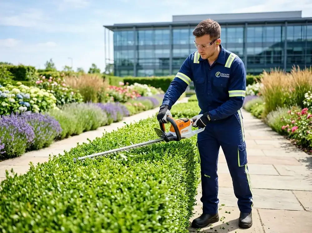 Mitarbeiter von Clean Expert 24/7 in navyblauer Arbeitskleidung bei der Heckenschnitt