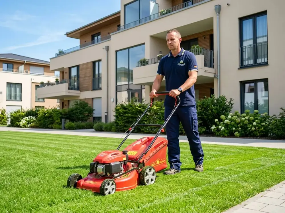 Mitarbeiter von Clean Expert 24/7 in navyblauer Arbeitskleidung bei der Rasenpflege