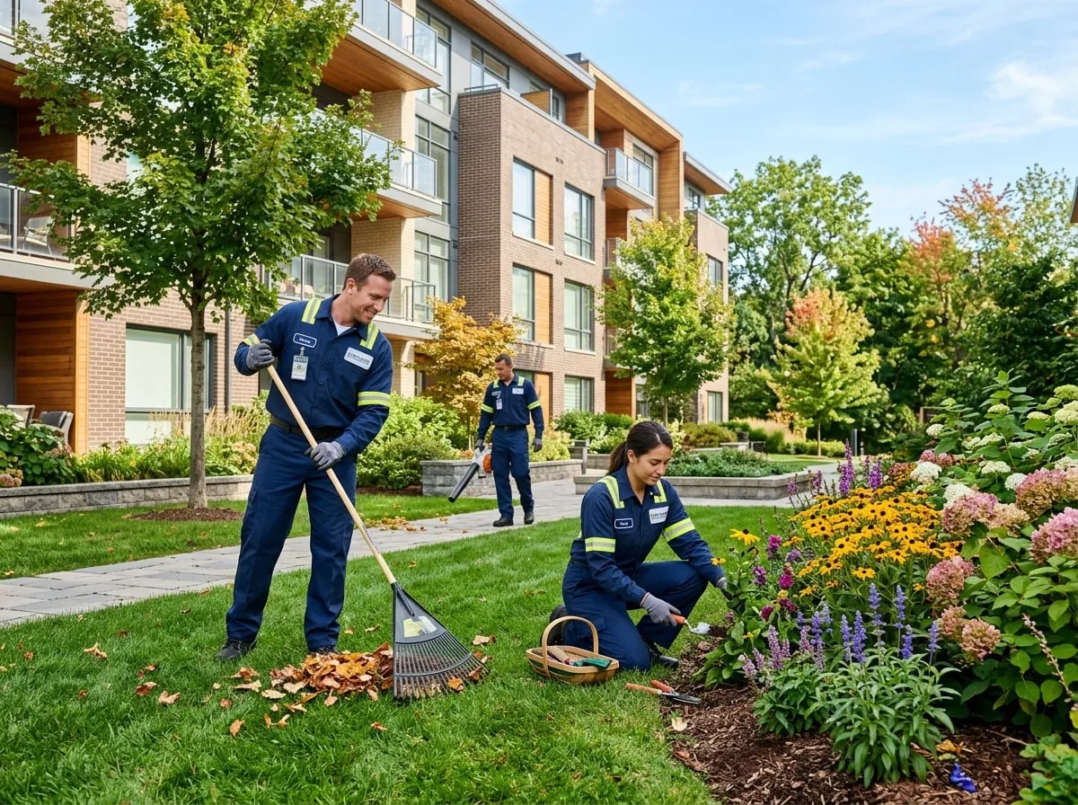 Mitarbeiter von Clean Expert 24 in navyblauer Arbeitskleidung bei der Grünpflege im Team