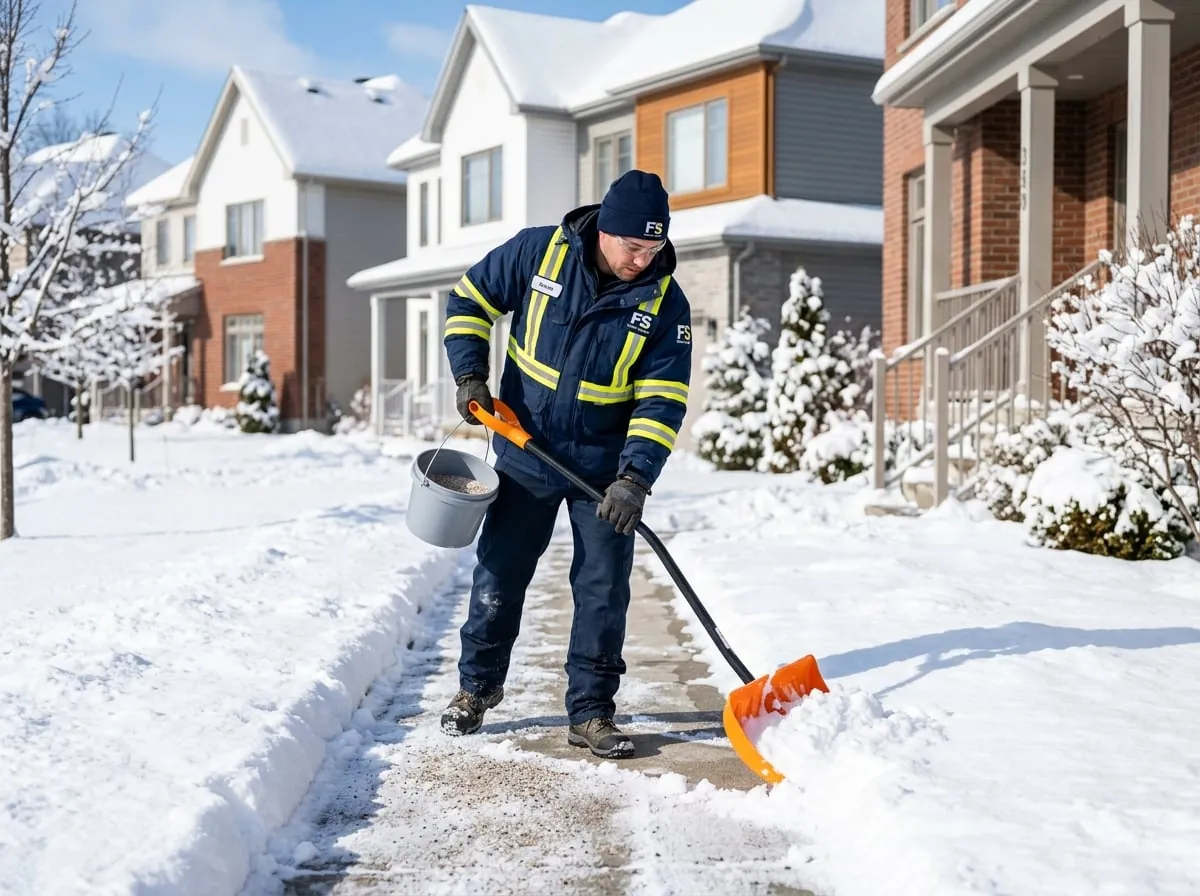 Mitarbeiter von Clean Expert 24 in navyblauer Arbeitskleidung bei der Winterdienst