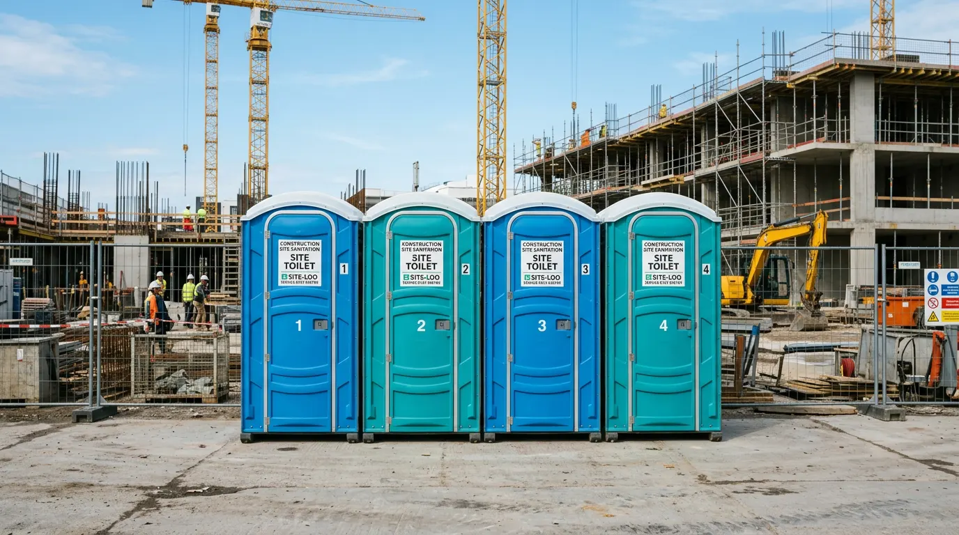 Saubere mobile Toilettenkabinen auf einer Baustelle – professionell gereinigt von Clean Expert 24