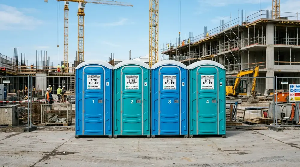 Saubere mobile Toilettenkabinen auf einer Baustelle – professionell gereinigt von Clean Expert 24/7